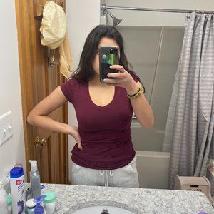 casual dark red tight vneck shirt